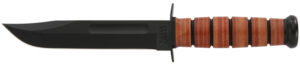 Black hunting knife with wooden handle