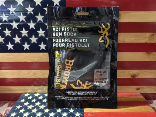 Browning VCI pistol gun sock packaging on flag background.