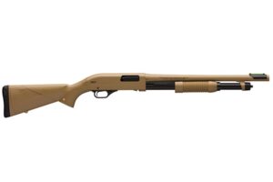 Tan pump-action shotgun side view