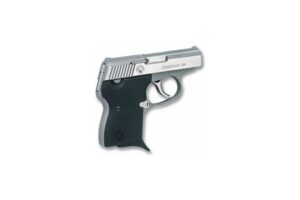 Silver handgun with black grip