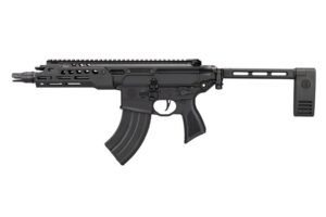 Black semi-automatic rifle on white background.