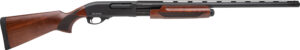 Wood and black pump-action shotgun, left-facing view.