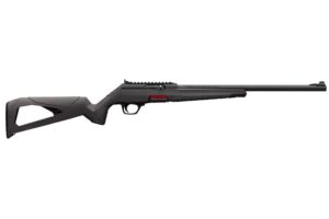 Bolt-action rifle with synthetic stock, side view.