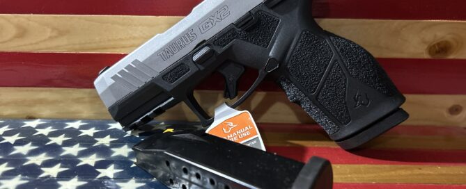 Taurus G2C pistol with magazine on flag background.