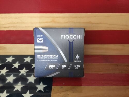 Fiocchi ammunition box on American flag background.