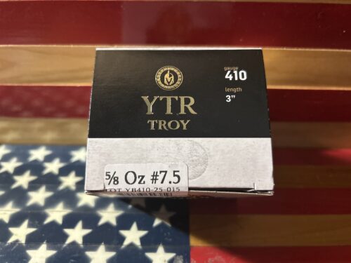 YTR Troy 410 gauge ammunition box on flag.