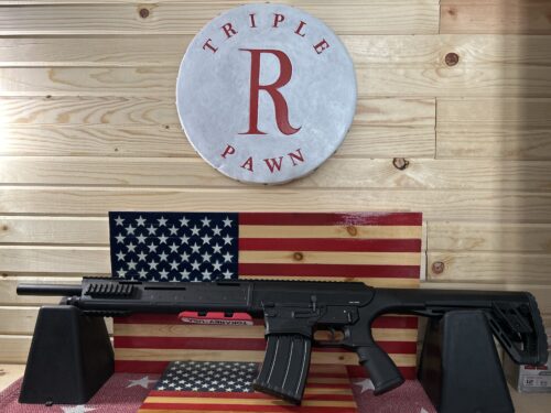 Black rifle displayed on American flag background.