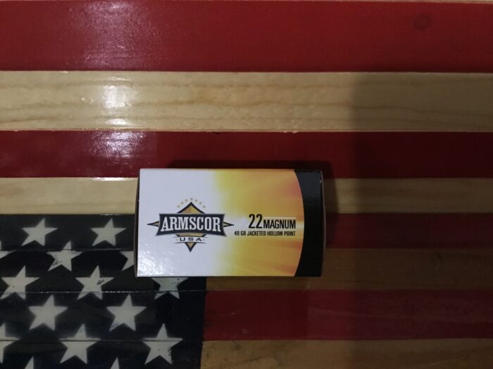 Box of .22 Magnum ammo on American flag