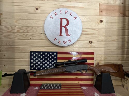 Rifle displayed against American flag background