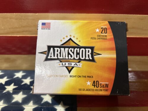 Armscor USA 40 S&W ammunition box, American flag.