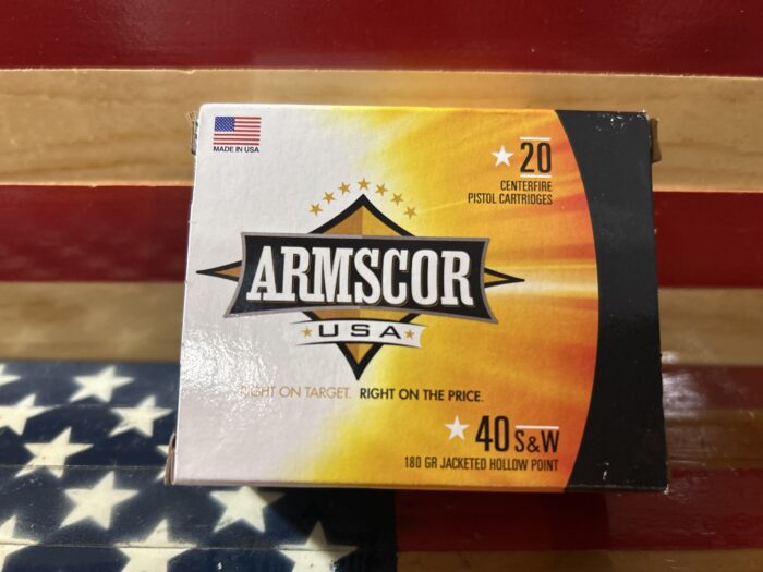 Armscor USA 40 S&W ammunition box, American flag.