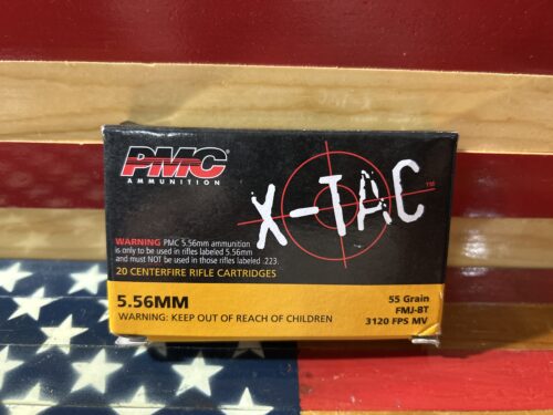 Box of PMC 5.56mm rifle ammunition cartridges.