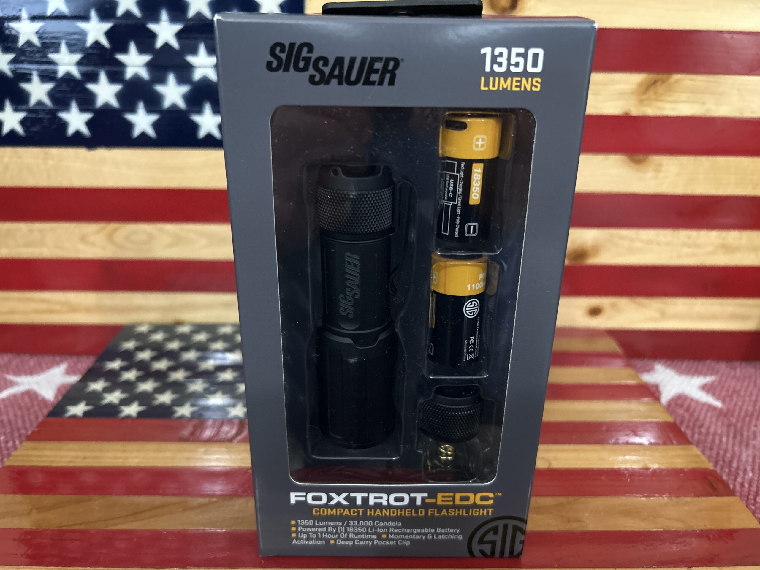 Sig Sauer Foxtrot EDC flashlight in packaging.