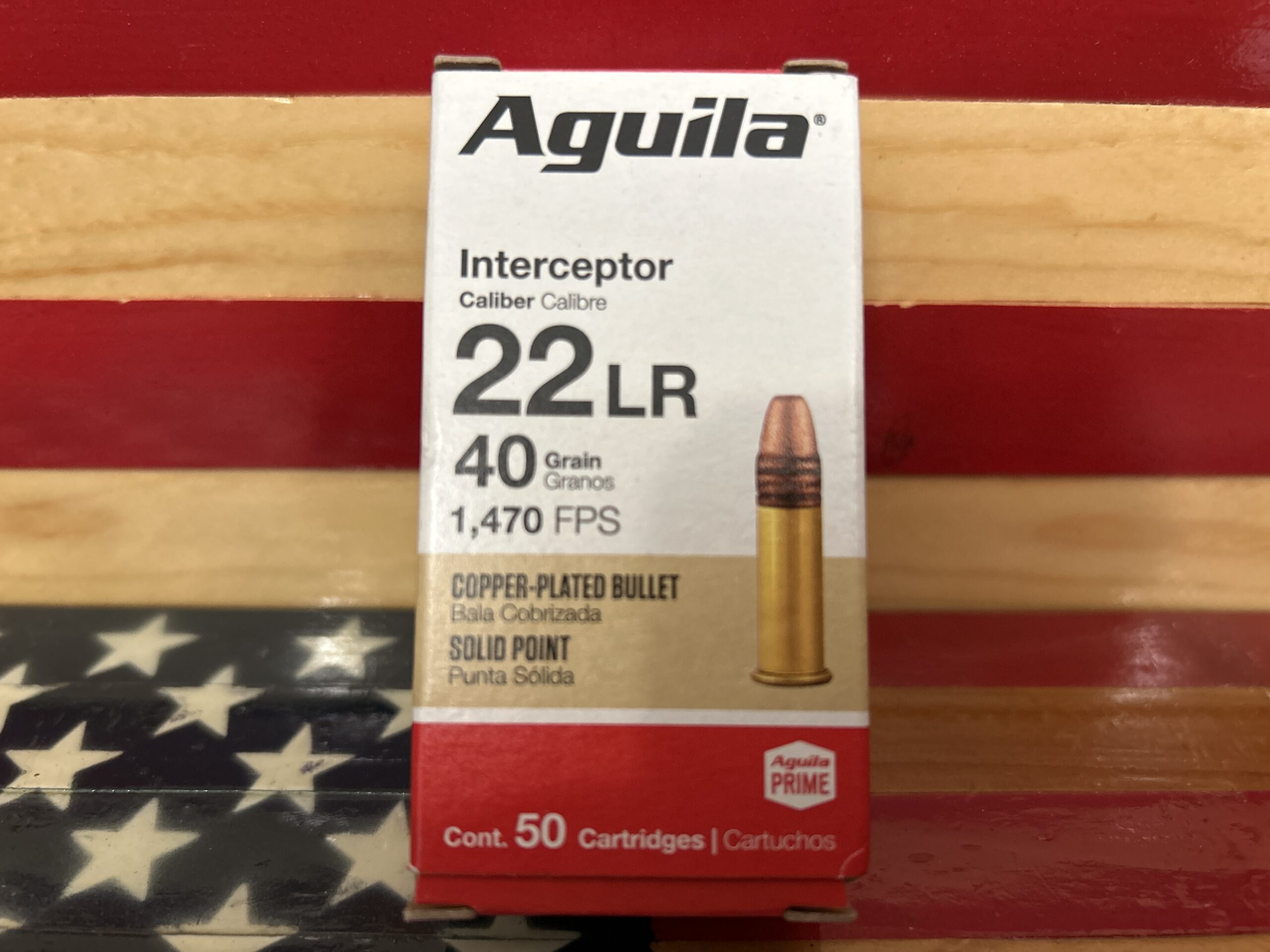 Box of .22 LR ammunition cartridges.