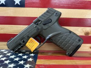 Handgun displayed on American flag background.