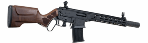 Modern tactical rifle with wooden stock.
