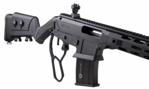 Black tactical-style rifle with lever-action design.