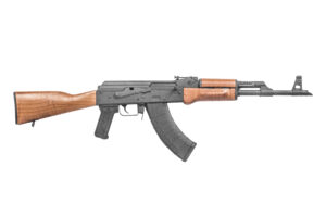 Classic AK-47 rifle with wooden stock.
