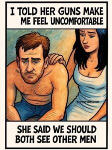 Cartoon couple with humorous text about guns.