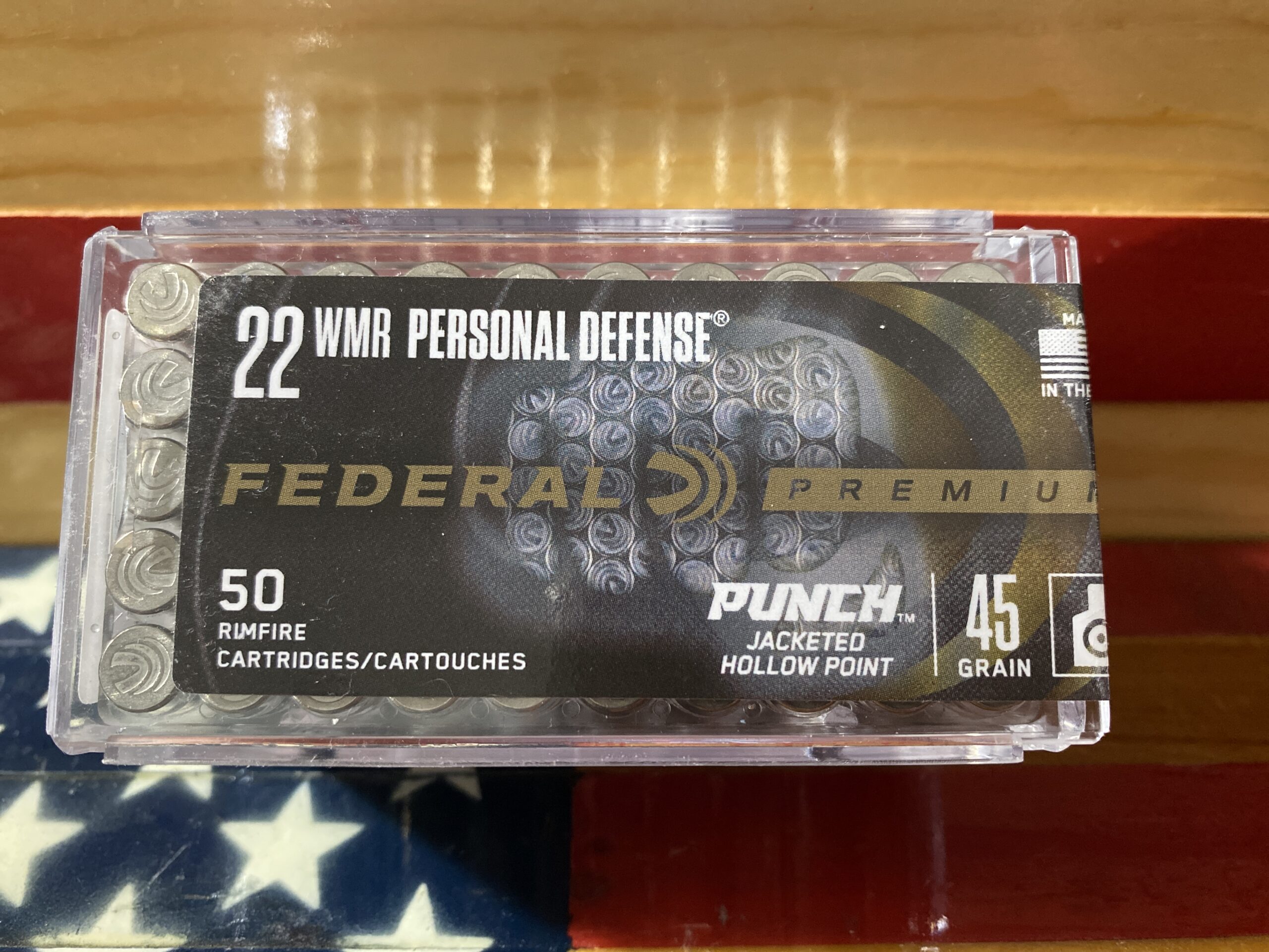 Federal Premium .22 WMR ammunition box, 50 cartridges.