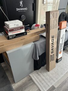 Boxes and merchandise on display in a store.