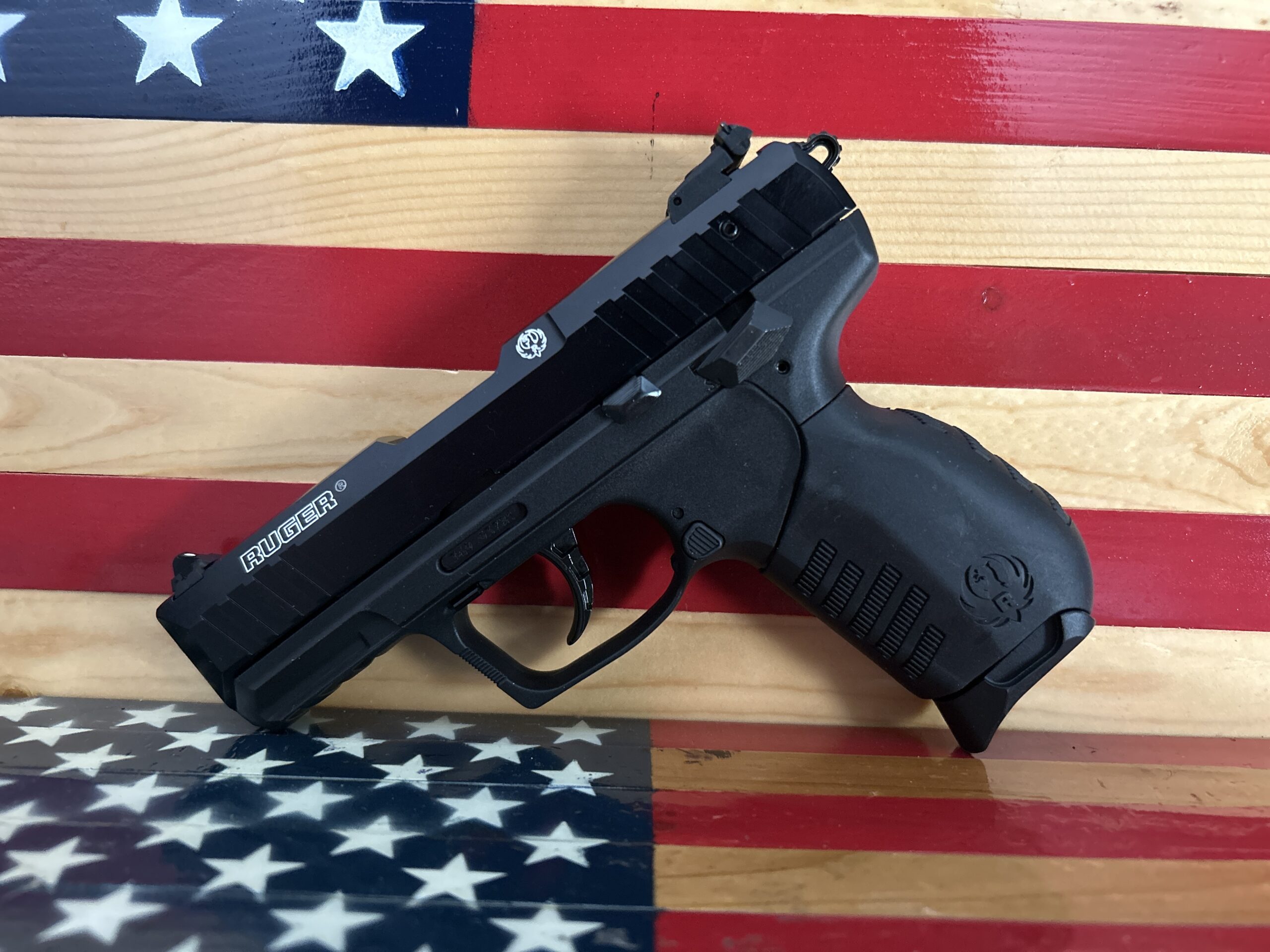Ruger handgun on American flag background