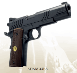 Black handgun with brown grip on white background.